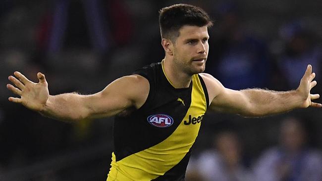 Trent Cotchin of the Tigers is seen during the Round 11 AFL match between the North Melbourne Kangaroos and the Richmond Tigers at Marvel Stadium in Melbourne, Friday, May 31, 2019. (AAP Image/Julian Smith) NO ARCHIVING, EDITORIAL USE ONLY