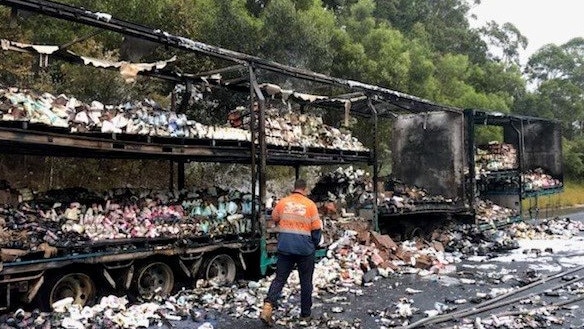 Two trailers were destroyed in a fire on the Pacific Motorway at Halfway Creek north of Coffs Harbour on July 7, 2022. Picture: Live Traffic