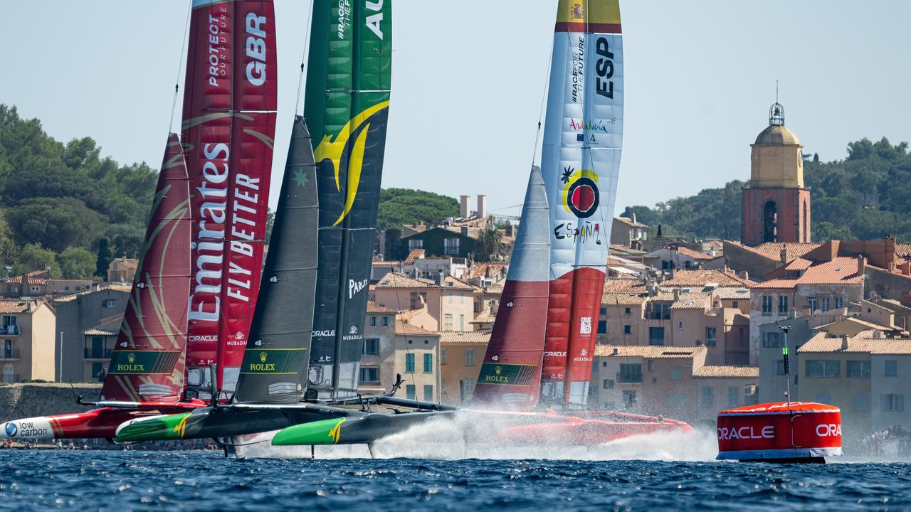 Emirates Great Britain SailGP Team helmed by Ben Ainslie, Australia SailGP Team helmed by Tom Slingsby and Spain SailGP Team helmed by Diego Botin in San Tropez.