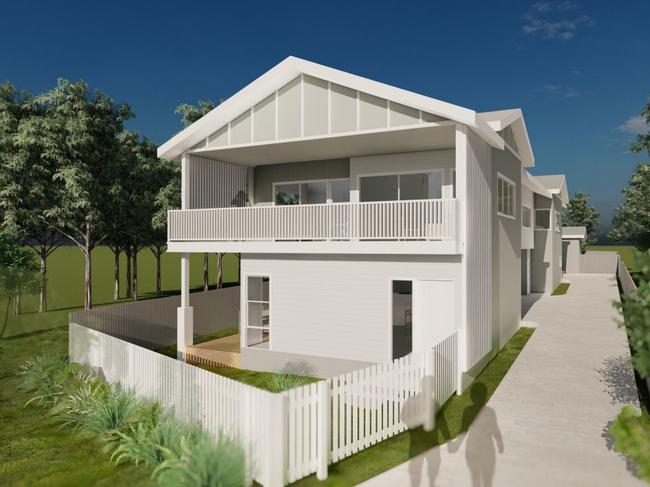 An artist's impression of the townhouses proposed for the site of a former church at 102 Bay Rd, Blue Bay, with the driveway on the other side. Picture: supplied