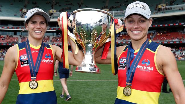 Crows co-captains Chelsea Randall (left) and Erin Phillips after Adelaide beat Carlton in the 2019 AFLW grand final. Picture: by Michael Willson/AFL Photos