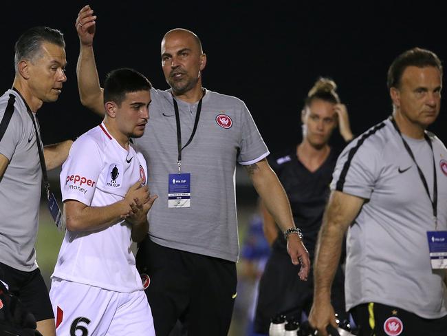 DARWIN, AUSTRALIA - AUGUST 07: Markus Babbel, head coach of the Wanderers gestures as Kostaandinos Grozos comes from the field with an injury during the FFA Cup round of 32 match between Hellenic AC and Western Sydney Wanderers at Darwin Football Stadium on August 7, 2018 in Darwin, Australia.  (Photo by Paul Kane/Getty Images)