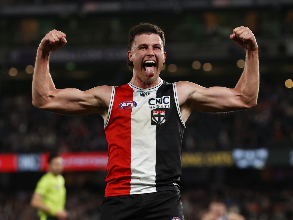 Rowan Marshall of the Saints celebrates a fourth quarter goal in Round 23, which is something he wants to be doing much more in 2024. Picture: Michael Klein.