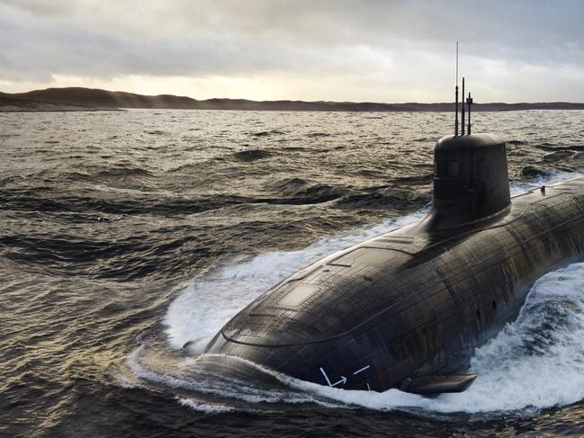 Artist's impression of the future SSN-AUKUS nuclear-powered submarine to be built in Australia using a hybrid UK and US design. Picture: Defence/Supplied,
