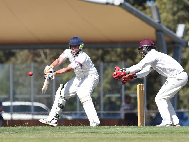 Matt Chasemore plays a cut shot for Cranbourne in 2016. Picture: Chris Eastman