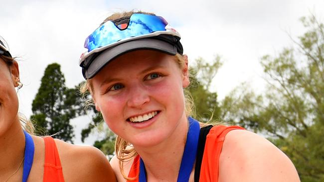 Lucy Richardson celebrates Ballarat Clarendon’s win during the Head of the Lake. Picture: Josh Chadwick