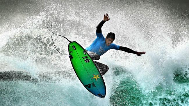 Ezekiel Lau flying high on a day of drama at the Sydney Surf Pro. Pic: Phil Hillyard.