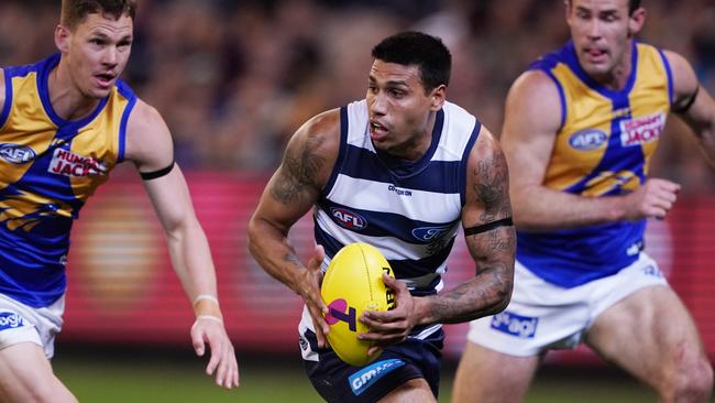 Tim Kelly in action for Geelong in the semi-final win over the Eagles. Picture: Michael Dodge/AAP