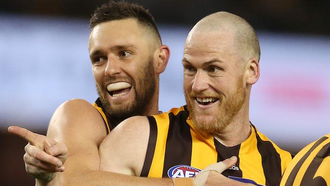 Hawthorn premiership teammates Jack Gunston, Jarryd Roughead, Luke Breust and Liam Shiels are involved in an Oaks hopeful set to debut at Geelong on Sunday. Picture: Michael Klein