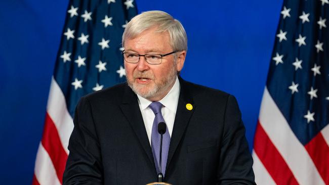 Kevin Rudd, president of the Asia Society, introduces Antony Blinken, US secretary of state, not pictured, at George Washington University in Washington, D.C. US, on Thursday, May 26, 2022. Blinken used his remarks to explain existing policies rather than unveil any bold new direction that includes a strategy of investing in democracy and innovation at home. Photographer: Eric Lee/Bloomberg via Getty Images