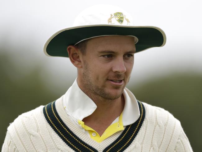 DERBY, ENGLAND - AUGUST 31: Josh Hazlewood of Australia looks on during day three of the Tour Match between Derbyshire CCC and Australia at The County Ground on August 31, 2019 in Derby, England. (Photo by Ryan Pierse/Getty Images)