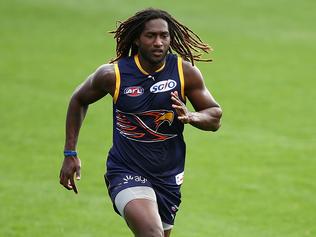 PERTH, AUSTRALIA - SEPTEMBER 11: Nic Naitanui works on running drills during a West Coast Eagles AFL training session at Domain Stadium on September 11, 2017 in Perth, Australia.  (Photo by Paul Kane/Getty Images)