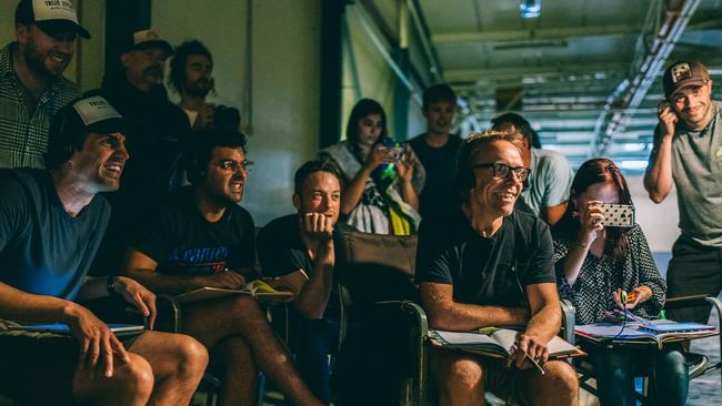 Behind the scenes during the Nine Network's True Story with Hamish &amp; Andy (left to right) Tim Bartley (with cap standing), then seated Andy Lee, Hamish Blake, Ryan Shelton and foreground director Wayne Hope is in the foreground.