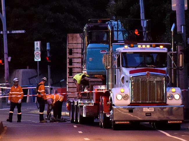 The truck that clipped the powerlines came to a stop near Crown Casino. Picture: Nicole Garmston.