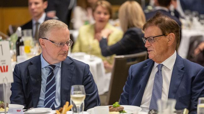 Westpac chief economist Bill Evans, right, with RBA governor Philip Lowe, expects the Reserve Bank will keep interest rates on hold when it meets on Tuesday. Picture: NCA NewsWire / Gary Ramage