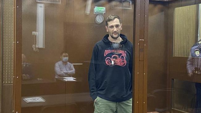 Oleg Navalny, Alexei Navalny’s brother, inside a defendant dock at the Tverskoi district court. Picture: Handout/Press service of Tverskoy District Court of Moscow/AFP