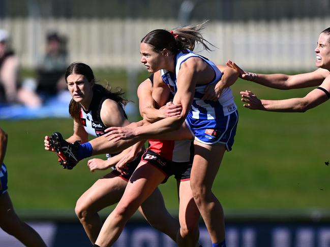 Jasmine Garner wins another clearance for the Roos. Picture: Steve Bell/Getty Images