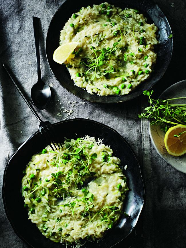 Pea lemon and zucchini risotto. Styling: David Morgan | Photography: Guy Bailey