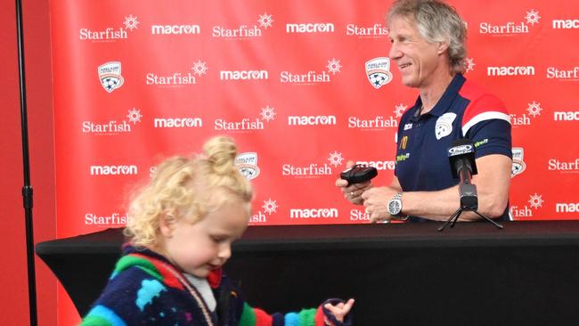 Adelaide United coach Gertjan Verbeek and his daughter Senne at Coopers Stadium, Hindmarsh in September. Picture: AAP Image/David Mariuz