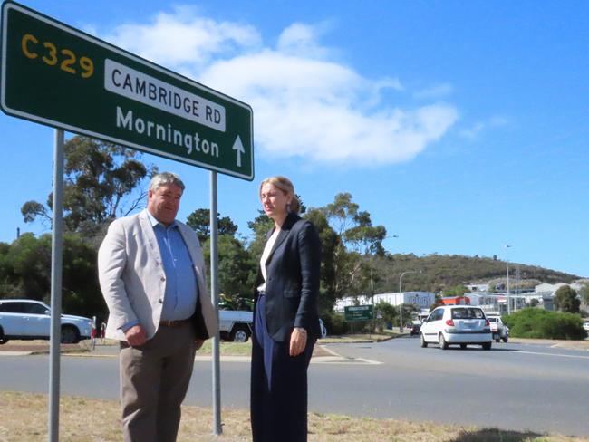 Minister for Infrastructure Kerry Vincent and member for Franklin Julie Collins at the Mornington Roundabout on Wednesday, January 29, 2025.