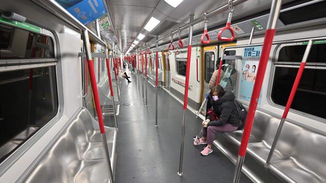 An almost empty MTR train in Hong Kong as the city battles an Omicron outbreak. Picture: AFP.