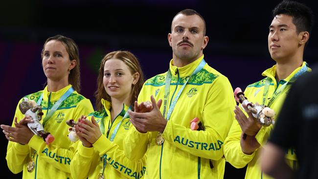 It was tense between Emma McKeon, left. and Kyle Chalmers, second from right