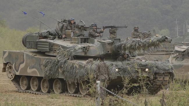 A South Korean army's K1 tank moves during an annual exercise in Paju, South Korea, near the border with North Korea, on September 11, 2016. Picture: AP / Ahn Young-joon