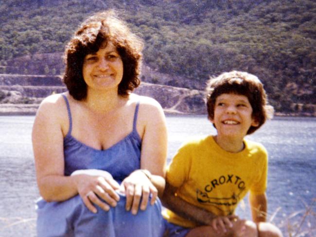 Copy picture. Lake Fyans trip. Thornbury bookshop murder victim Maria James and her son Adam at the Grampians Jan 1980