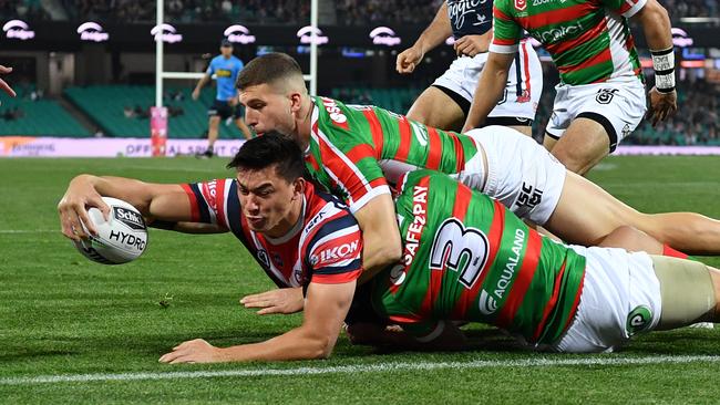 Joseph Manu of the Roosters scores a try during the NRL First Qualifying Final match between the Sydney Roosters and the South Sydney Rabbitohs at the SCG in Sydney, Friday, September 13, 2019. (AAP Image/Joel Carrett) NO ARCHIVING, EDITORIAL USE ONLY