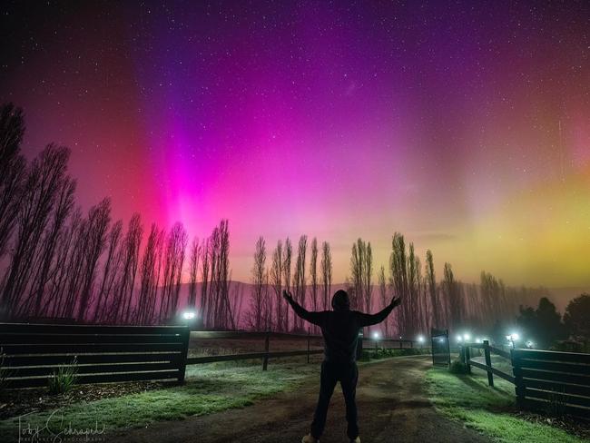 , ONE TIME WEB USE FOR NEWS.COM.AU ONLY - MUST RUN WITH WATERMARK - CONTACT PHOTOGRAPHER FOR ANY OTHER USE - Toby Schrapel photographed the aurora australis in Judbury, Huon Valley, Tasmania. 24 April 2023. Picture: Toby Schrapel