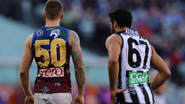 Dayne Beams and Daniel Wells wear No.50 and No.67 to mark Indigenous Round. Picture: Michael Klein