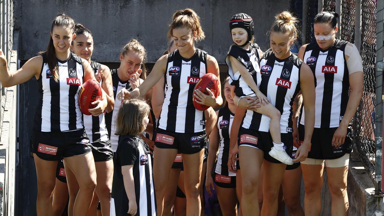 Collingwood players are waiting to learn their AFLW finals fate. Picture: Darrian Traynor/Getty Images