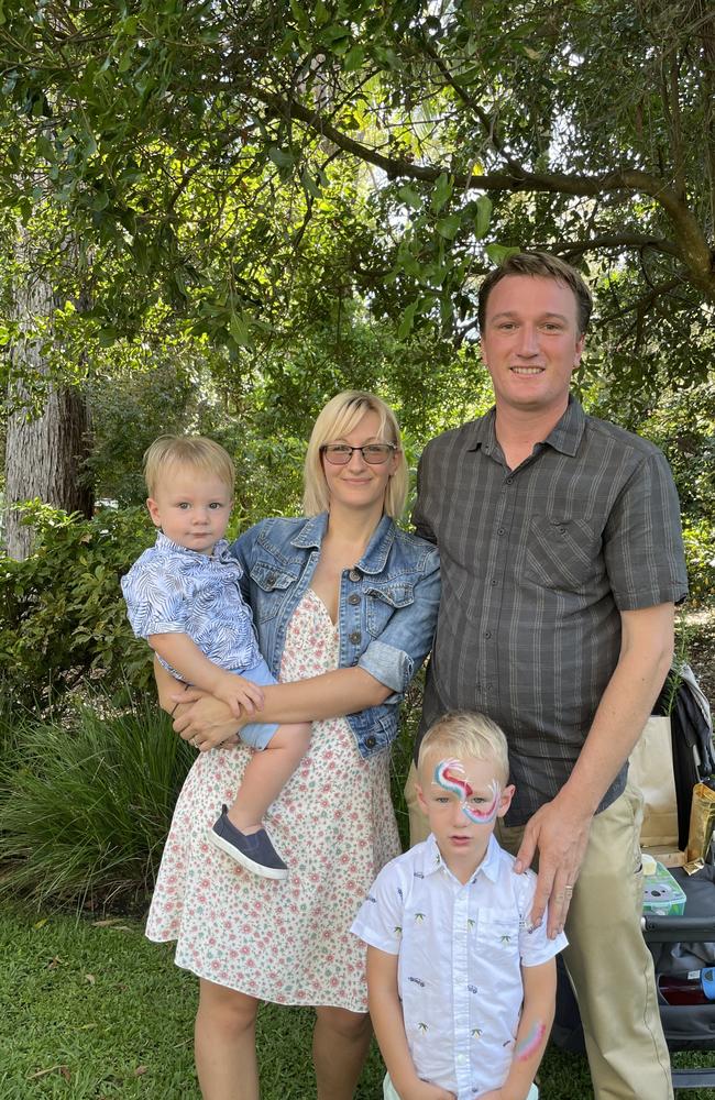 Jess, Sam with their young ones Tyler and Eli at the Australia Day ceremony at the North Coast Regional Botanic Garden in Coffs Harbour. Picture: Matt Gazy