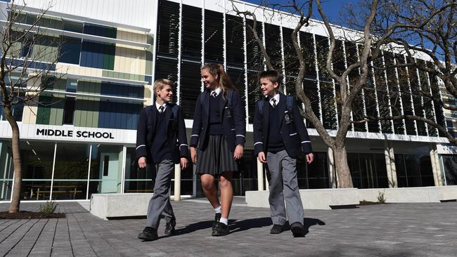 7/9/18 - Pulteney Grammar is the latest Adealide school to reveal a multi-million dollar development, today opening a $8.3m high-tech middle school. Siblings  Darcy, 13 (blonde) Olivia, 15, and Morgan, 13, Young. Photo - Naomi Jellicoe