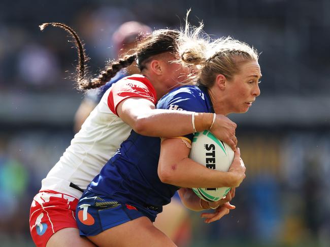 Abbi Church of the Eels is tackled during the round six NRLW match between Parramatta Eels and St George Illawarra Dragons. Picture: Getty Images