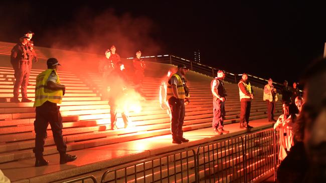 Flares were thrown on the forecourt of the Sydney Opera House during Monday night’s pro-Palestinian demonstration. Picture: NCA NewsWire / Jeremy Piper