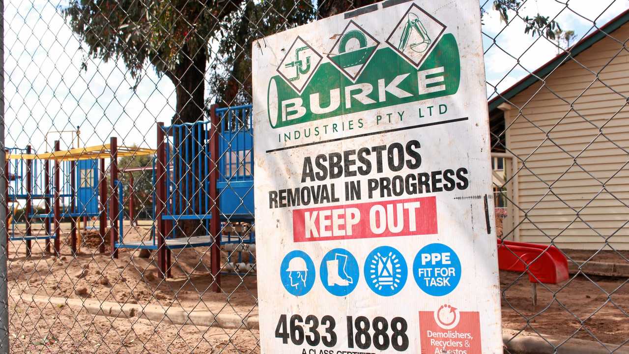 Asbestos removalists are digging up the oval and playgrounds of Warwick Central State School in a bid to give parents, students and staff peace of mind after asbestos was found in the grounds. Picture: Marian Faa