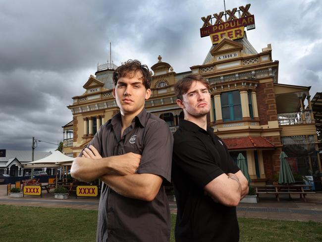 Breakfast Creek Hotel staff members Iagan Kiszely and Henry Wallis concerned by the proposed high-rise development next door. Picture: Liam Kidston