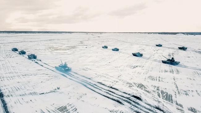 This handout video grab taken and released by the Russian Defence Ministry on February 2, 2022 shows tanks on a snow-covered field during joint exercises of the armed forces of Russia and Belarus as part of an inspection of the Union State's Response Force, in Belarus. Picture: AFP