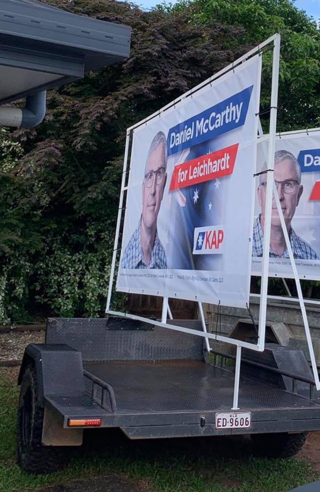 KAP candidate for Leichhardt Daniel McCarthy has had an advertising trailer stolen overnight from Reservoir Rd in Cairns. Picture: Supplied