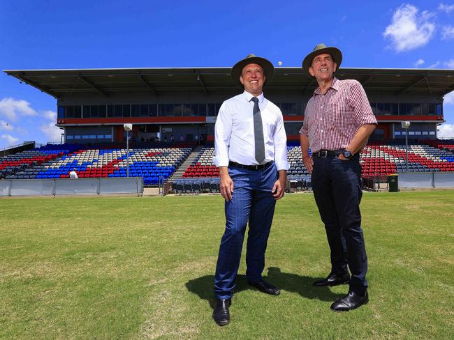 Premier Steven Miles and DP Cameron Dick joined candidate Belinda Hassan to pledge $3.2m to upgrade BB Print Stadium. Pics Adam Head