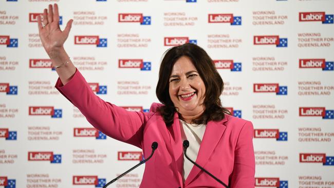 Queensland Premier Annastacia Palaszczuk celebrates her state election win during Labor's election night function at the Blue Fin Fishing Club in Inala. Picture: NCA NewsWire / Dan Peled