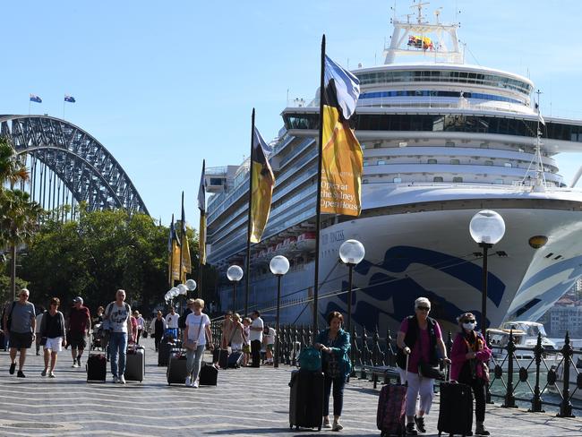 Passengers disembark from the Ruby Princess at Circular Quay on Thursday. Picture: Dean Lewins/AAP