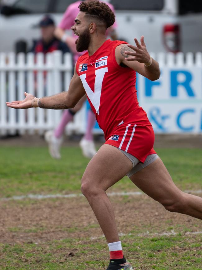 Rooster Nigel Lockyer celebrates his matchwinning goal against Norwood at Prospect Oval on Saturday. Picture: Naomi Jellicoe