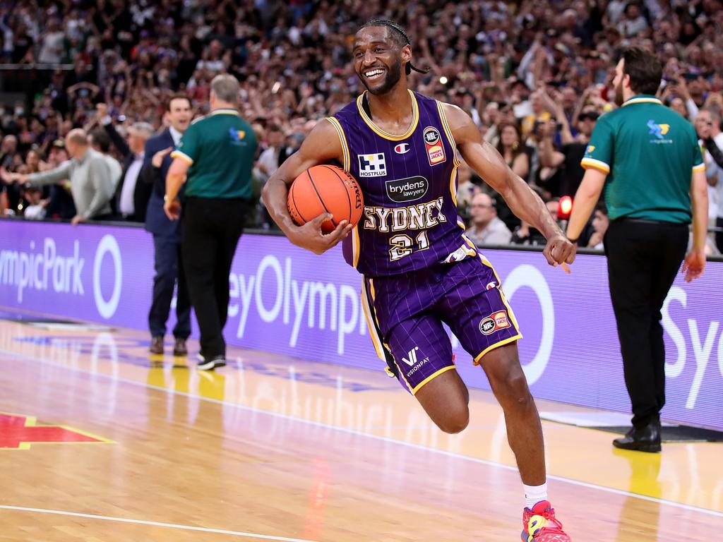 Ian Clark of the Kings celebrates victory in game three of the NBL Grand Final series between Sydney Kings and Tasmania JackJumpers. Picture: Matt King/Getty Images