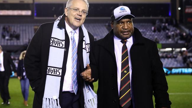 James Marape with Scott Morrison at Shark Park in July. Picture: Getty Images.