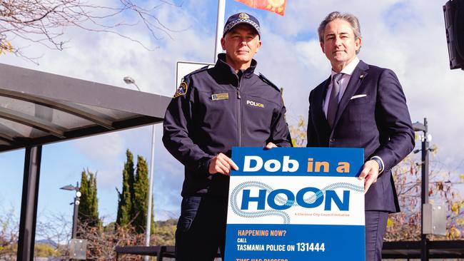 Clarence Divisional Inspector Brett Barry and Mayor of Clarence Brendan Blomeley at Rosny bus mall, launching the Dob in a Hoon campaign. Picture: Linda Higginson