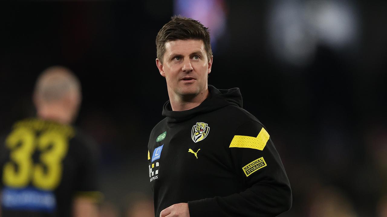 MELBOURNE, AUSTRALIA - AUGUST 04: Tigers coach, Andrew McQualter looks on prior to the round 21 AFL match between Western Bulldogs and Richmond Tigers at Marvel Stadium, on August 04, 2023, in Melbourne, Australia. (Photo by Robert Cianflone/Getty Images)