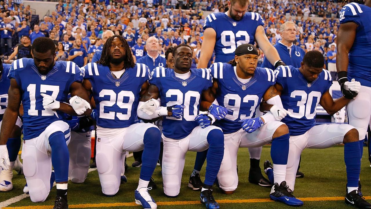 Members of the Indianapolis Colts kneeling during the anthem. The Eagles were one of the few teams to have no kneeling players last year. Picture: AFP