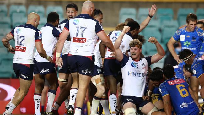 Matt Philip and his Rebels teammates celebrates victory over the Western Force when the two sides met back in July at Leichhardt Oval. Picture: Getty Images